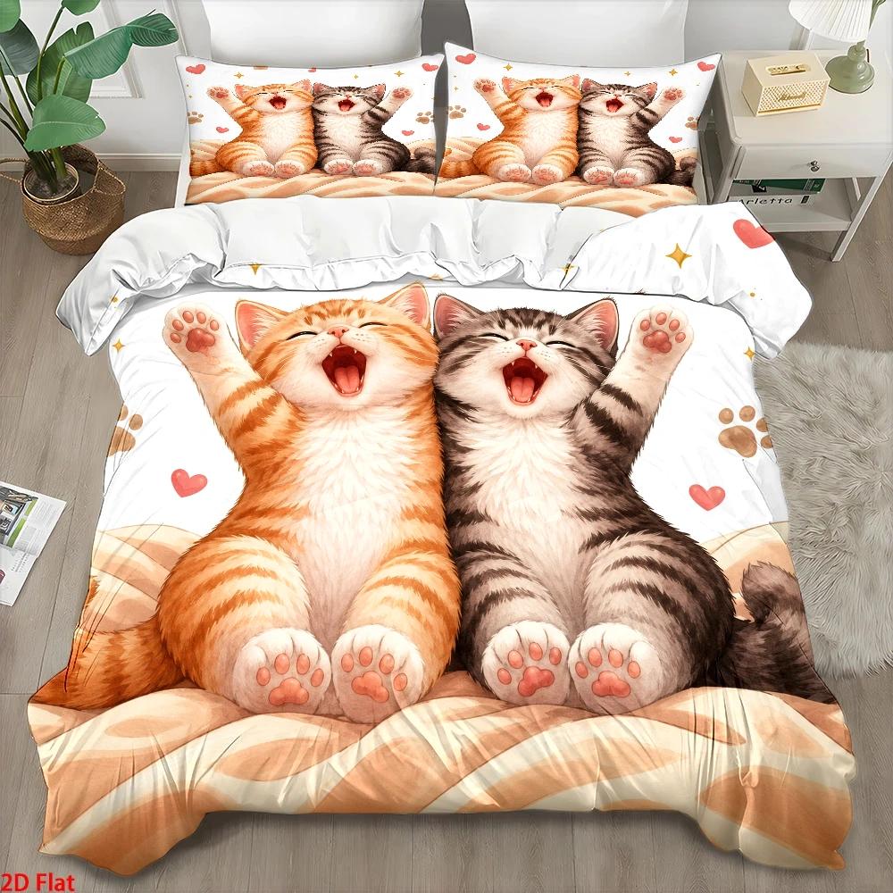 Home Decor Minimalist Style - 3피스 귀여운 고양이 프린트 이불 커버