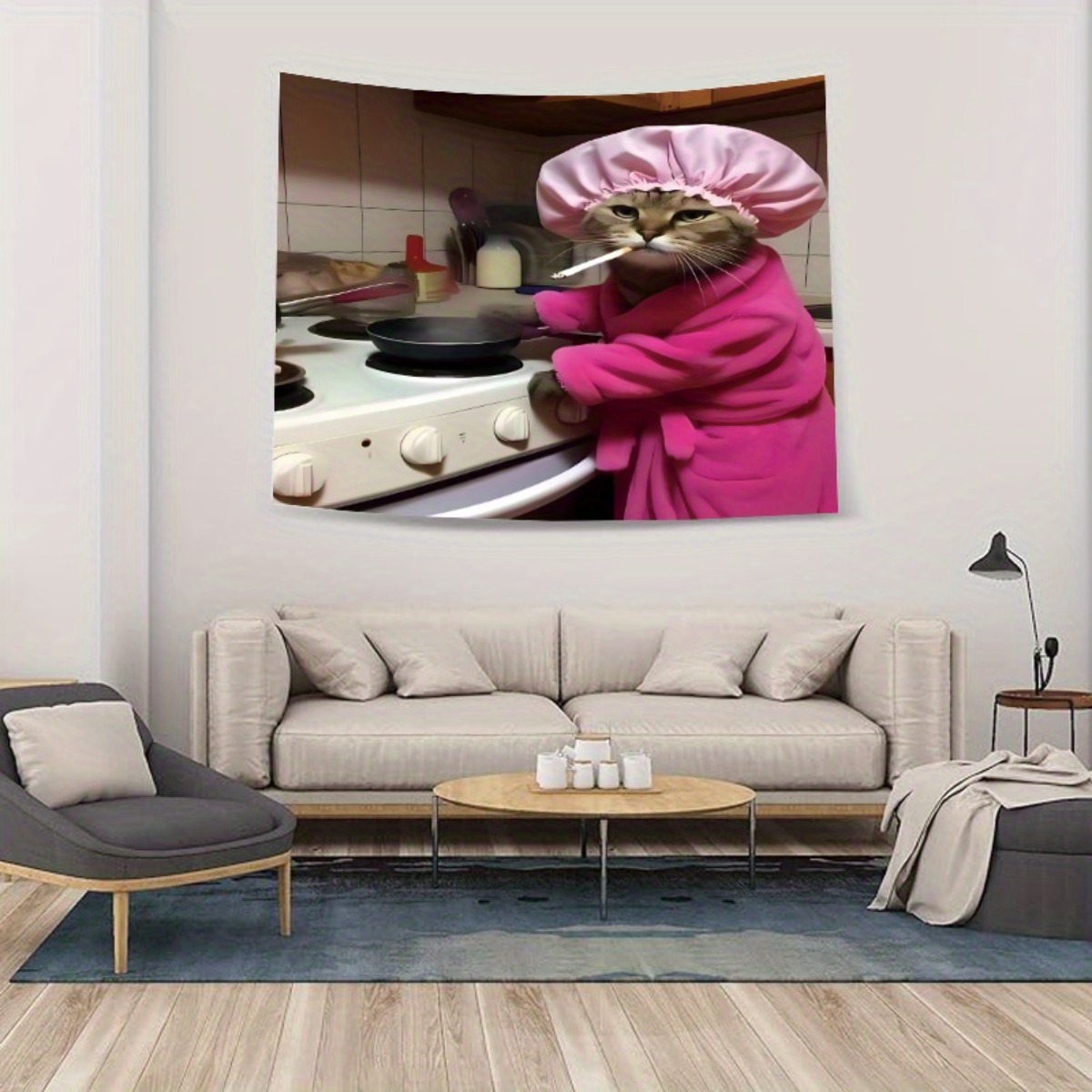 Home Decor Minimalist Style - 고양이 요리사 핑크 로브 벽 태피스트리