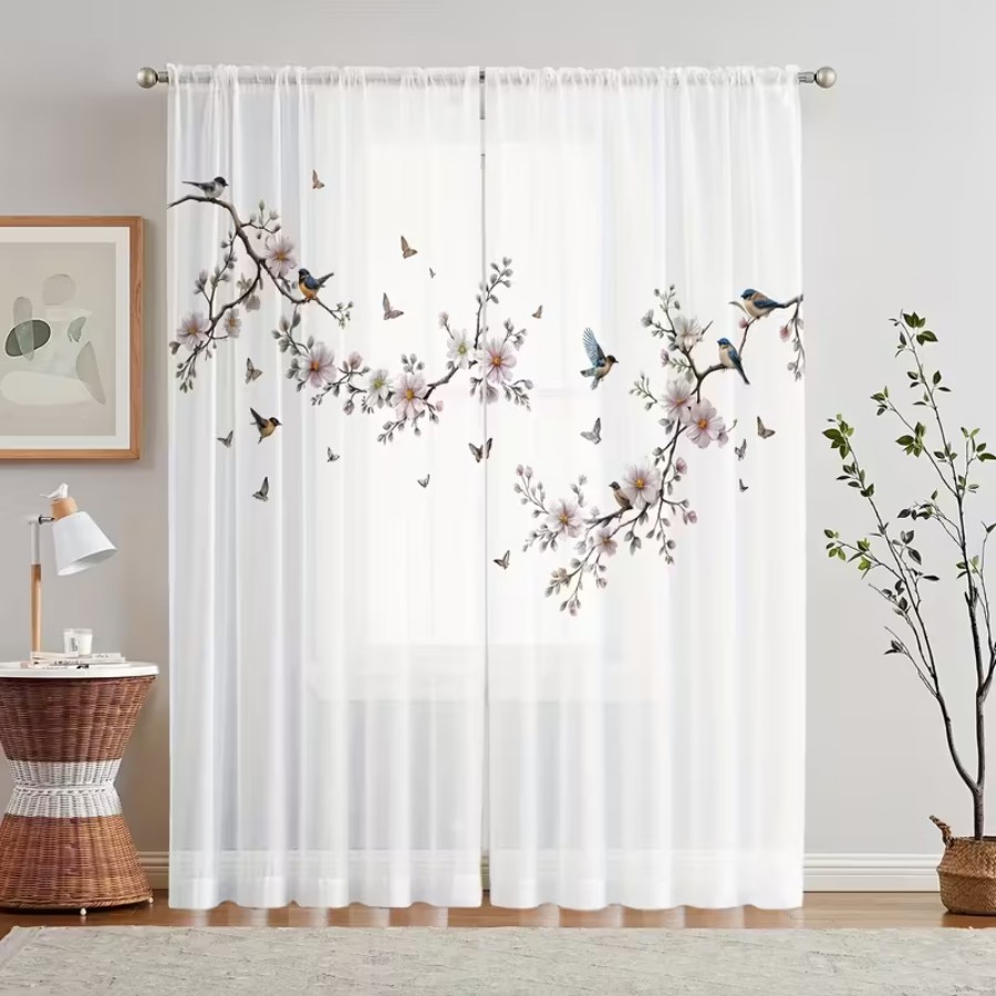 2PCS 디지털 프린트 시스루 커튼, 꽃 새 나비 자연 - Home Decor Wall Panels 리뷰 및 가격