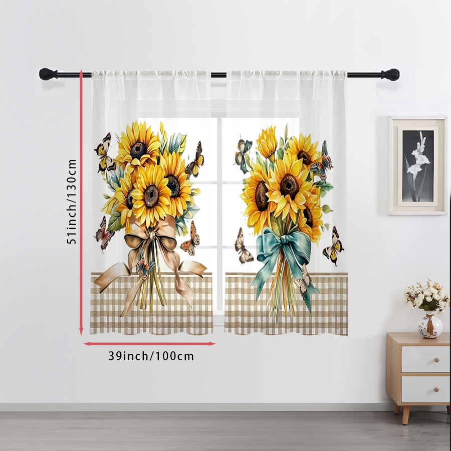 2PCS 디지털 프린트 시스루 커튼, 플래드 해바라기  - Home Decor Wall Panels 리뷰 및 가격