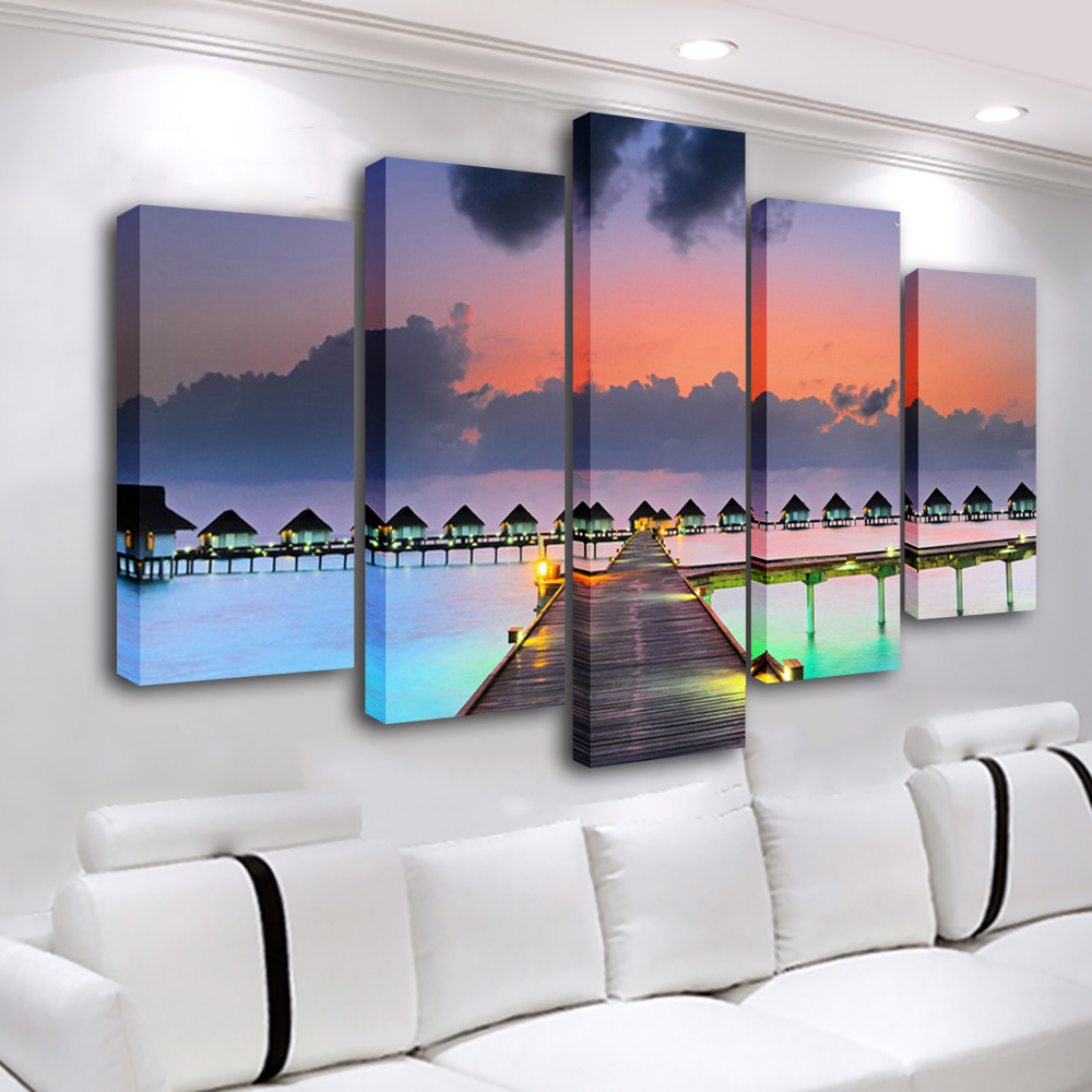 벽 예술 석양 그림 5패널 아트 프레임 캔버스 프린트  - Home Decor Wall Panels 리뷰 및 가격